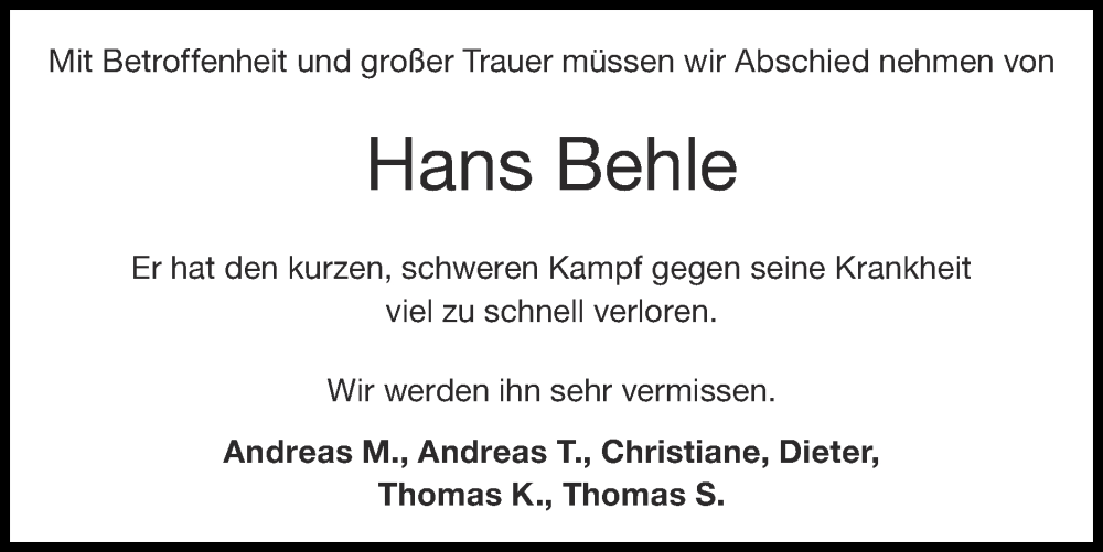  Traueranzeige für Hans-Josef Behle vom 26.02.2023 aus Zeitung am Sonntag