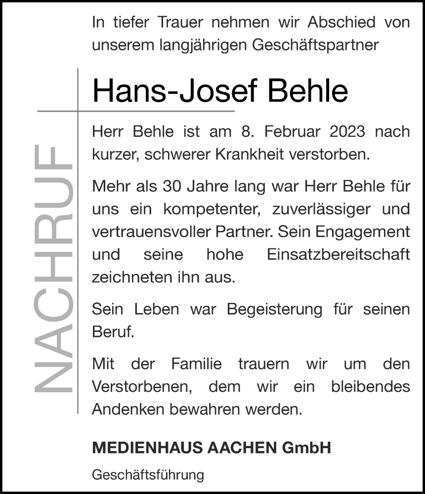  Traueranzeige für Hans-Josef Behle vom 25.02.2023 aus Aachener Zeitung / Aachener Nachrichten