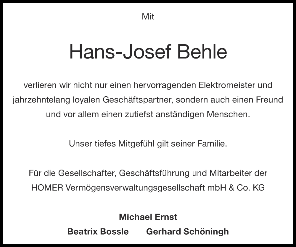  Traueranzeige für Hans-Josef Behle vom 26.02.2023 aus Zeitung am Sonntag