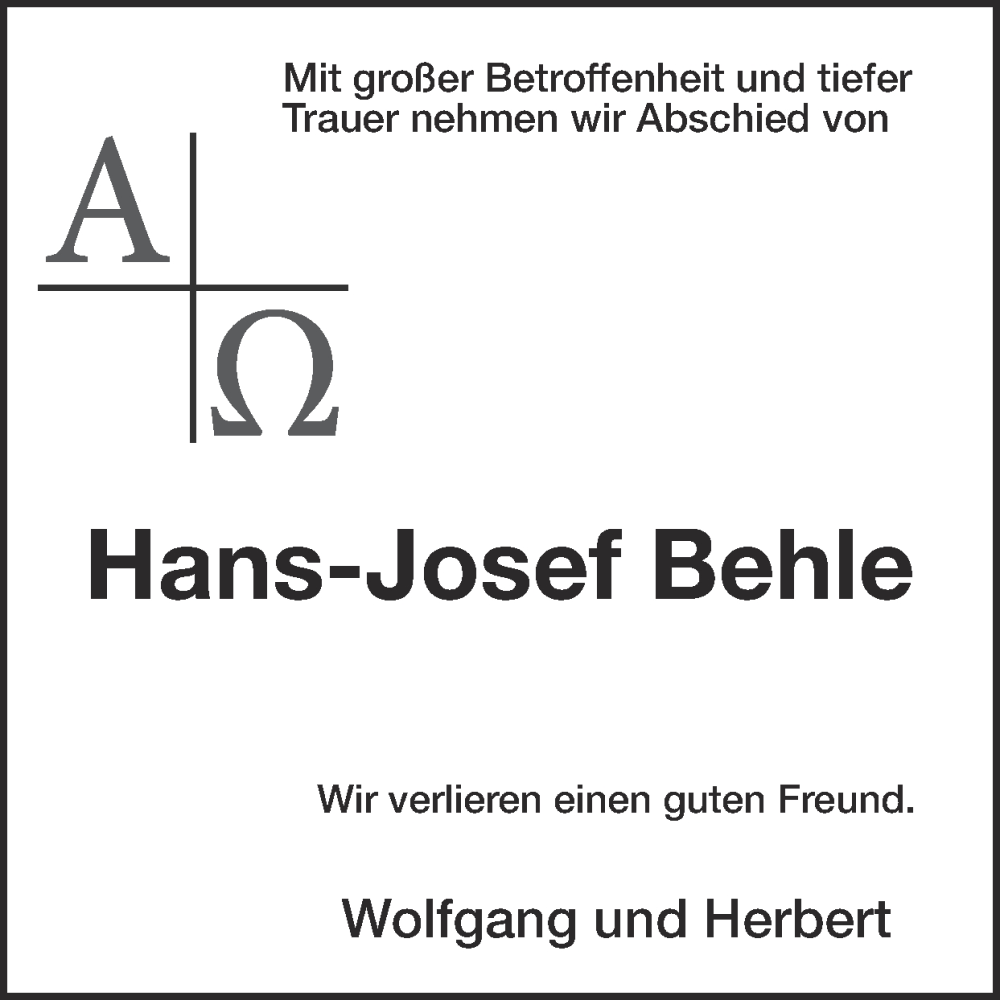  Traueranzeige für Hans-Josef Behle vom 26.02.2023 aus Zeitung am Sonntag