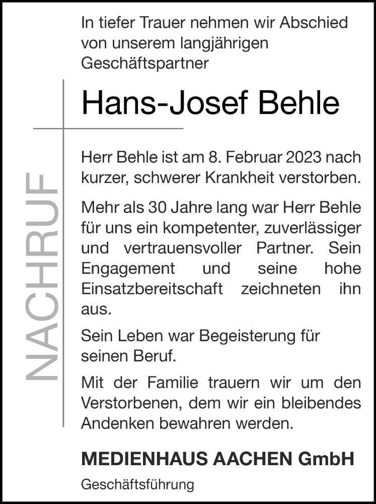  Traueranzeige für Hans-Josef Behle vom 26.02.2023 aus Zeitung am Sonntag