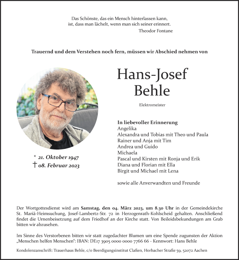  Traueranzeige für Hans-Josef Behle vom 25.02.2023 aus Aachener Zeitung / Aachener Nachrichten