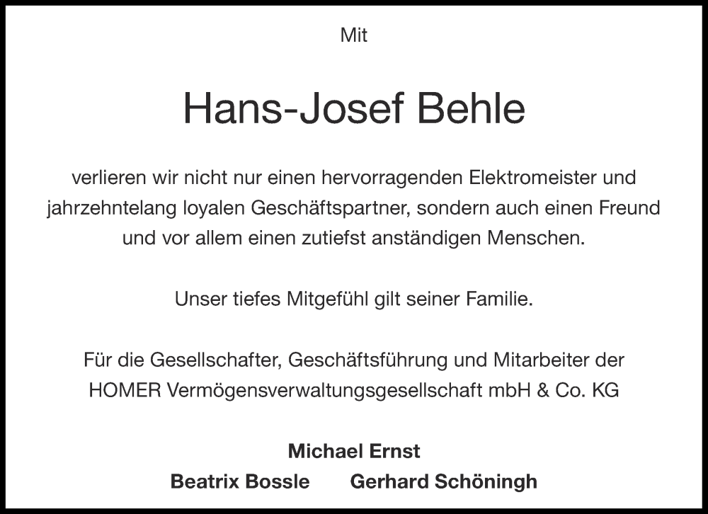  Traueranzeige für Hans-Josef Behle vom 25.02.2023 aus Aachener Zeitung / Aachener Nachrichten