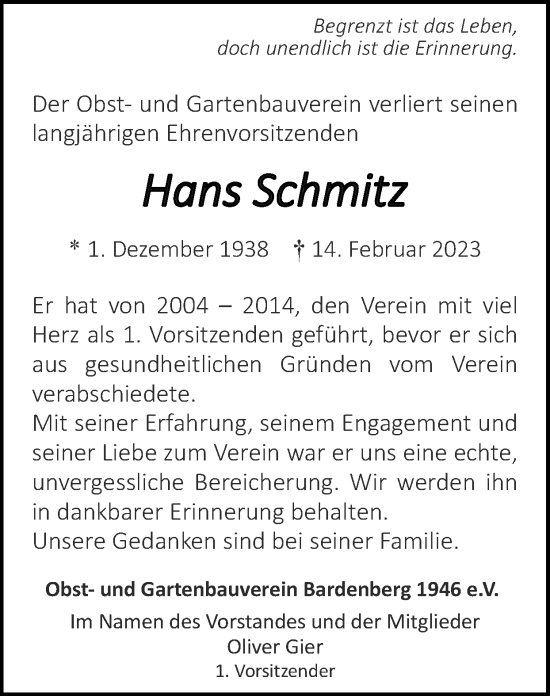 Traueranzeige von Hans Schmitz von Zeitung am Sonntag