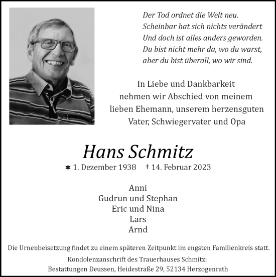 Traueranzeige von Hans Schmitz von Zeitung am Sonntag