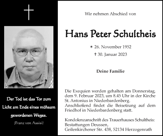 Traueranzeige von Hans Peter Schultheis von Zeitung am Sonntag