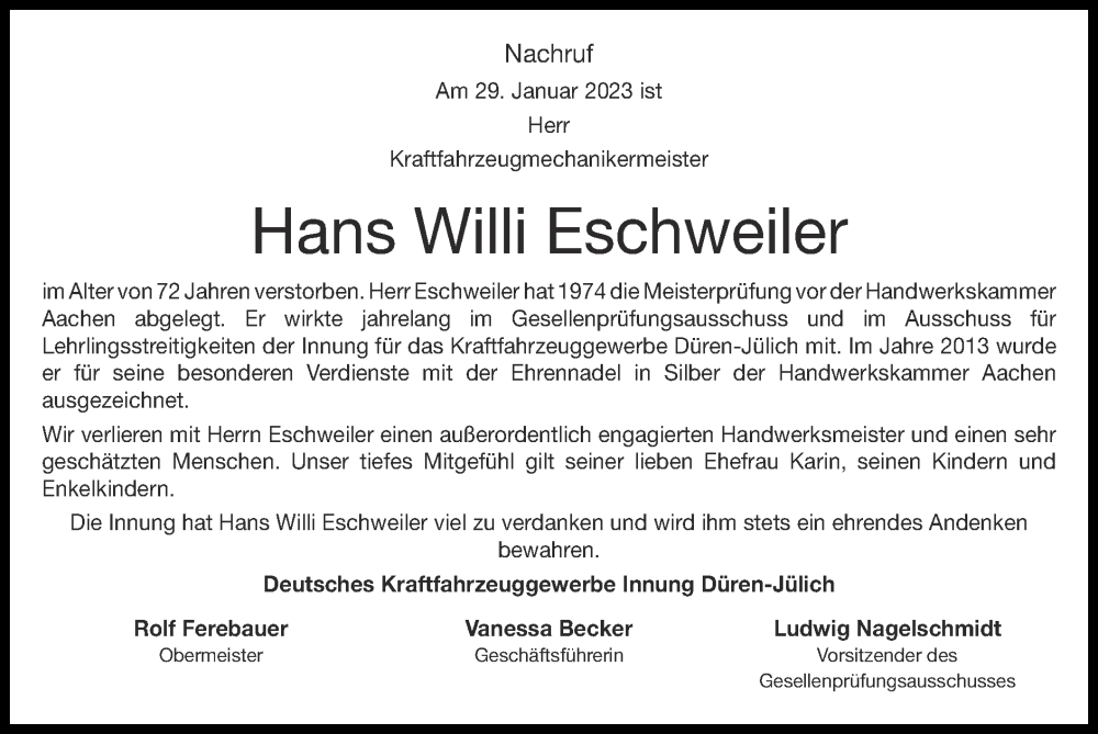  Traueranzeige für Hans Willi Eschweiler vom 12.02.2023 aus Zeitung am Sonntag