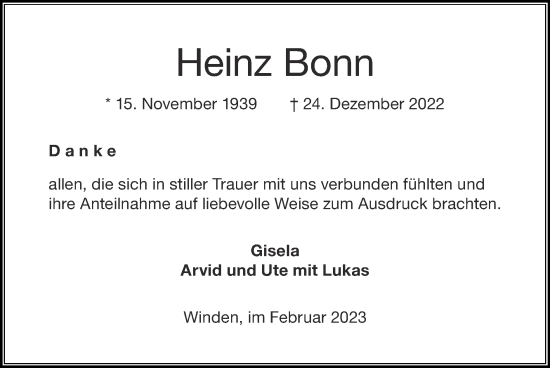 Traueranzeige von Heinz Bonn von Zeitung am Sonntag