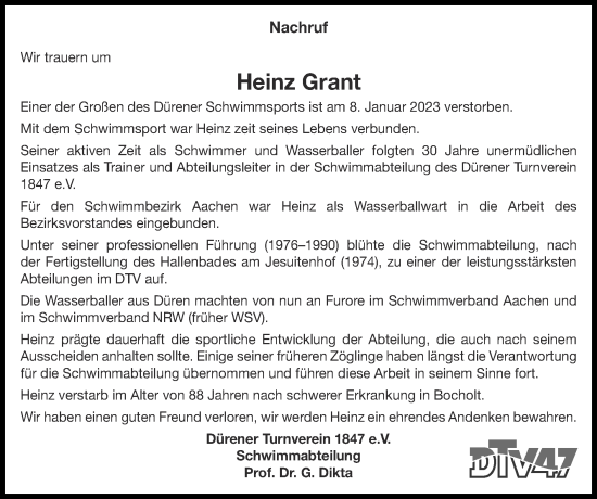 Traueranzeige von Heinz Grant von Zeitung am Sonntag