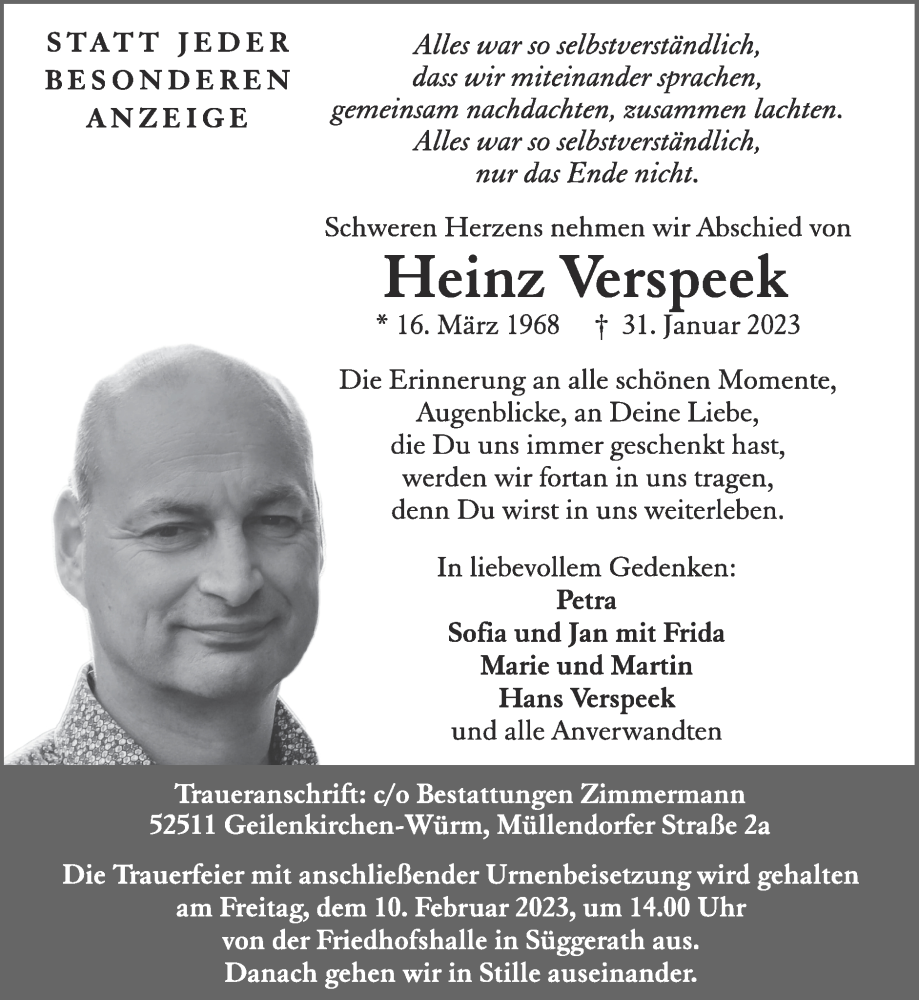  Traueranzeige für Heinz Verspeek vom 05.02.2023 aus Zeitung am Sonntag