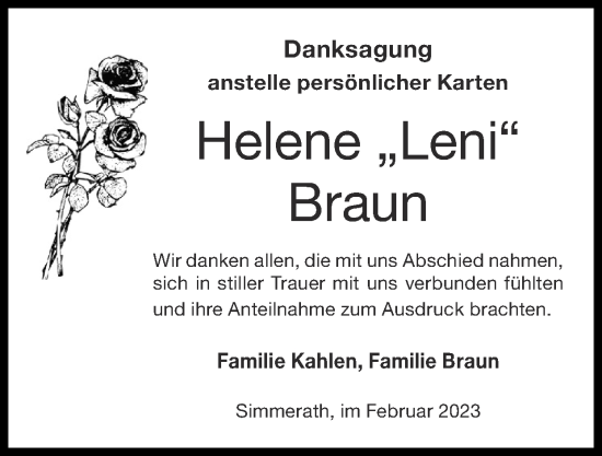 Traueranzeige von Helene Braun von Zeitung am Sonntag