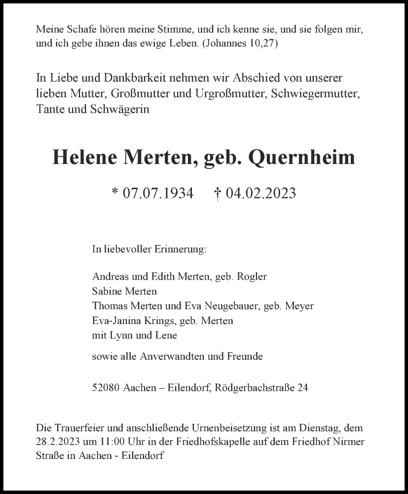  Traueranzeige für Helene Merten, vom 25.02.2023 aus Aachener Zeitung / Aachener Nachrichten