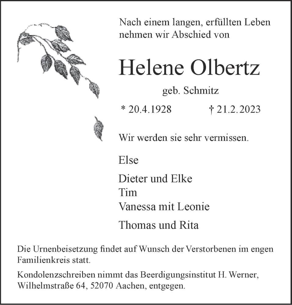  Traueranzeige für Helene Olbertz vom 25.02.2023 aus Aachener Zeitung / Aachener Nachrichten
