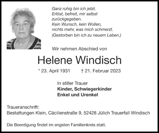 Traueranzeige von Helene Windisch von Zeitung am Sonntag