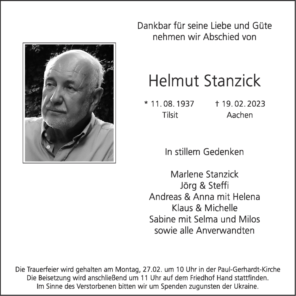  Traueranzeige für Helmut Stanzick vom 25.02.2023 aus Aachener Zeitung / Aachener Nachrichten