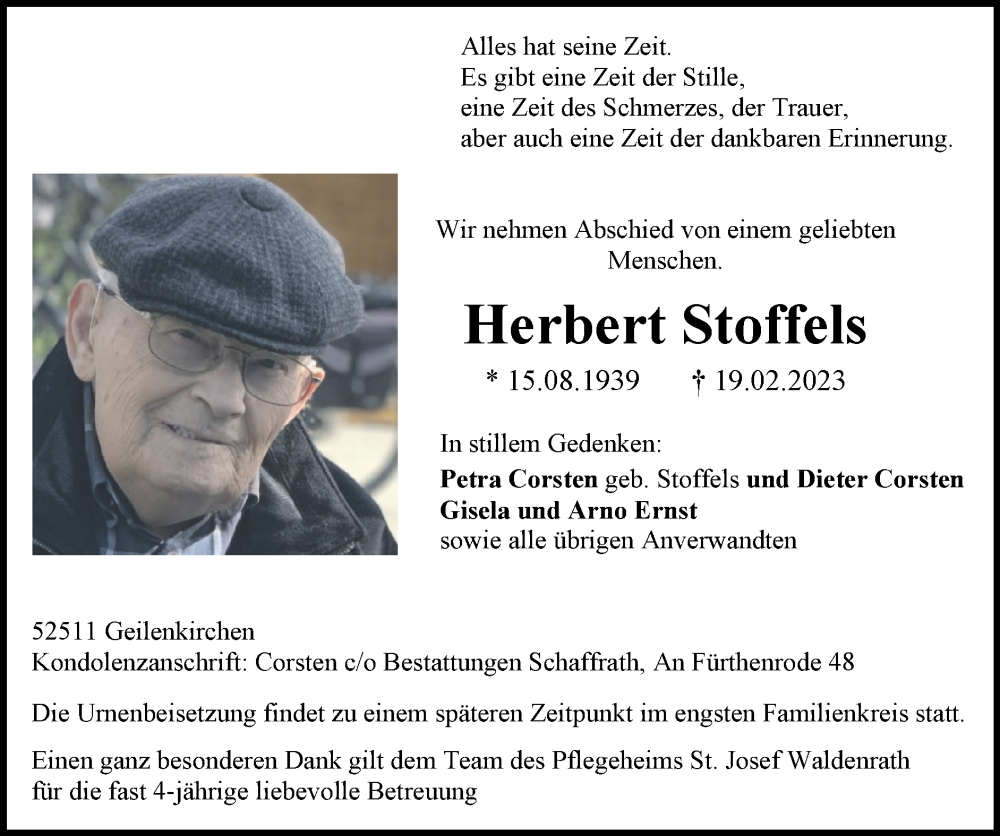  Traueranzeige für Herbert Stoffels vom 26.02.2023 aus Zeitung am Sonntag
