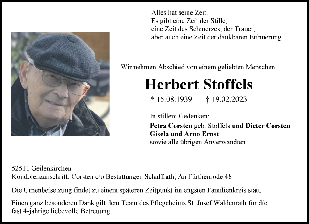  Traueranzeige für Herbert Stoffels vom 25.02.2023 aus Aachener Zeitung / Aachener Nachrichten