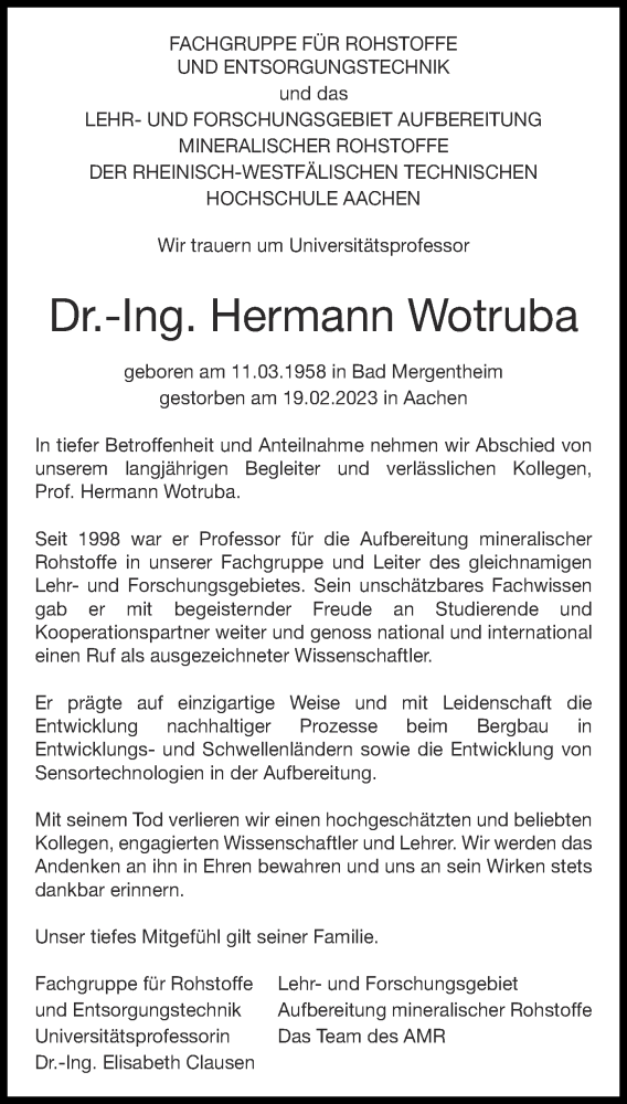  Traueranzeige für Hermann Wotruba vom 25.02.2023 aus Aachener Zeitung / Aachener Nachrichten