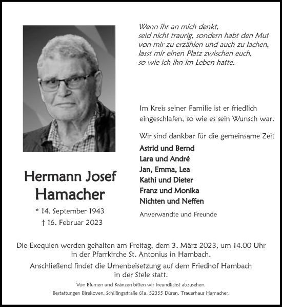 Traueranzeige von Hermann Josef Hamacher von Zeitung am Sonntag