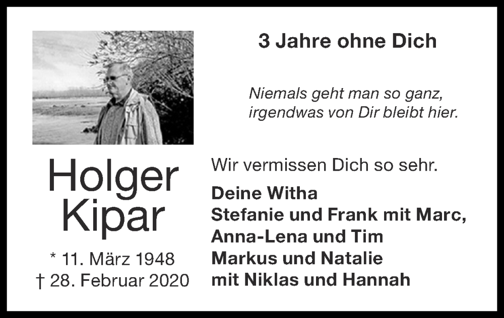  Traueranzeige für Holger Kipar vom 26.02.2023 aus Zeitung am Sonntag