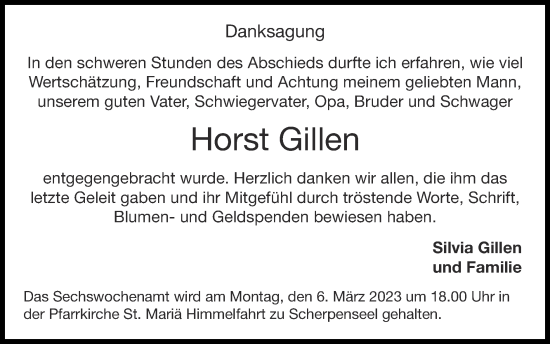 Traueranzeige von Horst Gillen von Zeitung am Sonntag