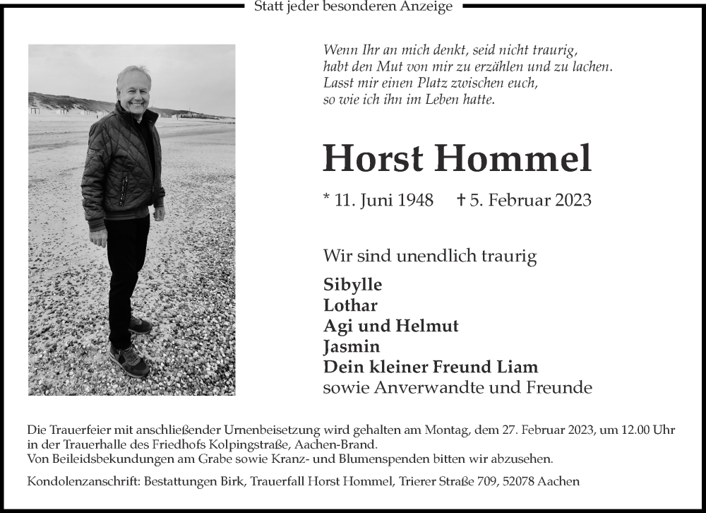  Traueranzeige für Horst Hommel vom 18.02.2023 aus Aachener Zeitung / Aachener Nachrichten