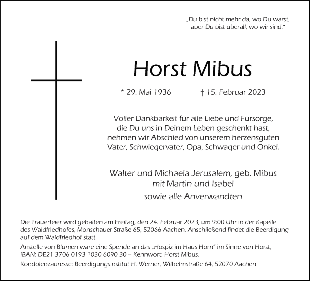  Traueranzeige für Horst Mibus vom 18.02.2023 aus Aachener Zeitung / Aachener Nachrichten