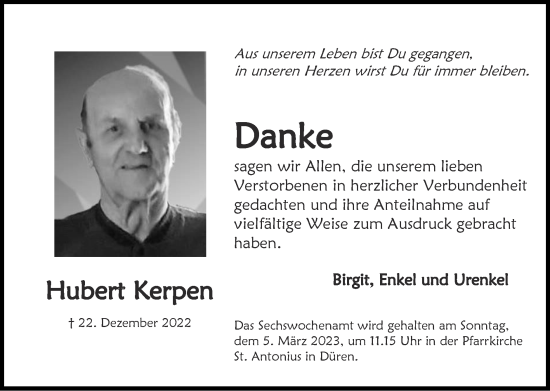Traueranzeige von Hubert Kerpen von Zeitung am Sonntag