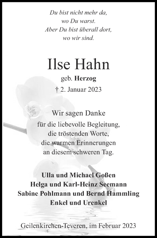 Traueranzeige von Ilse Hahn von Zeitung am Sonntag