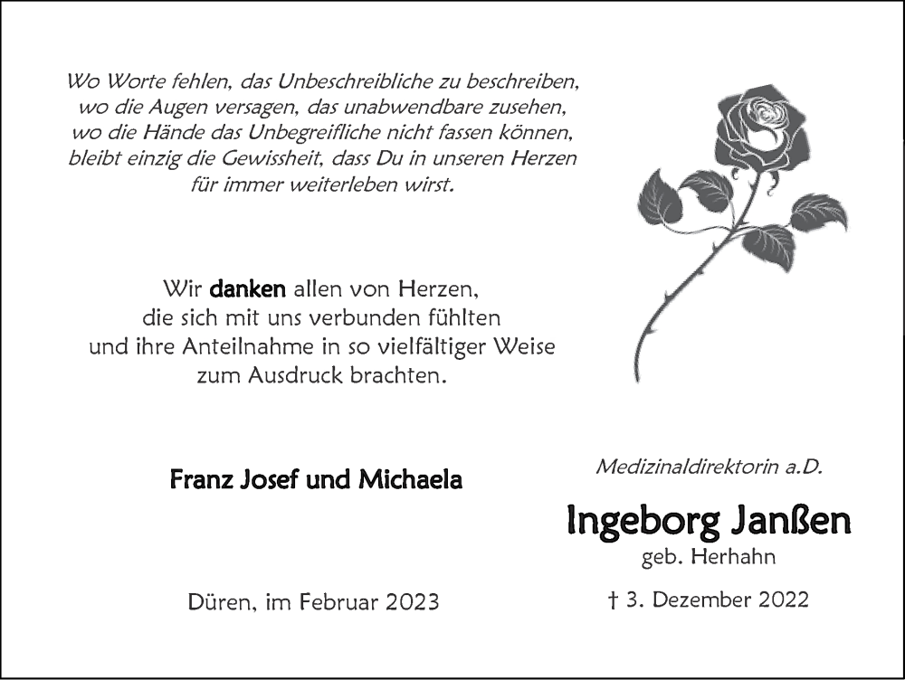  Traueranzeige für Ingeborg Janßen vom 05.02.2023 aus Zeitung am Sonntag