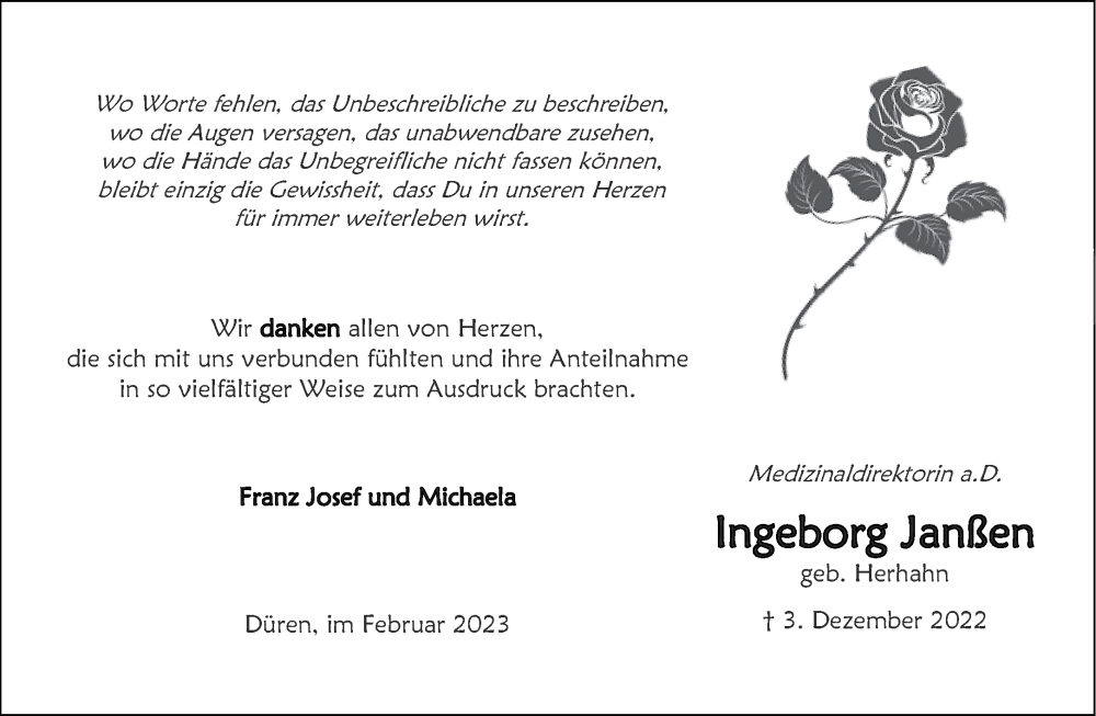  Traueranzeige für Ingeborg Janßen vom 04.02.2023 aus Aachener Zeitung / Aachener Nachrichten