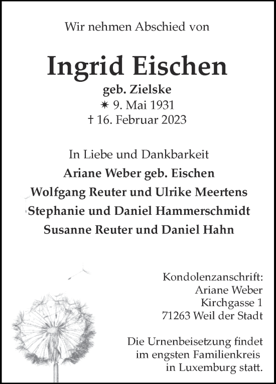 Traueranzeige von Ingrid Eischen von Zeitung am Sonntag