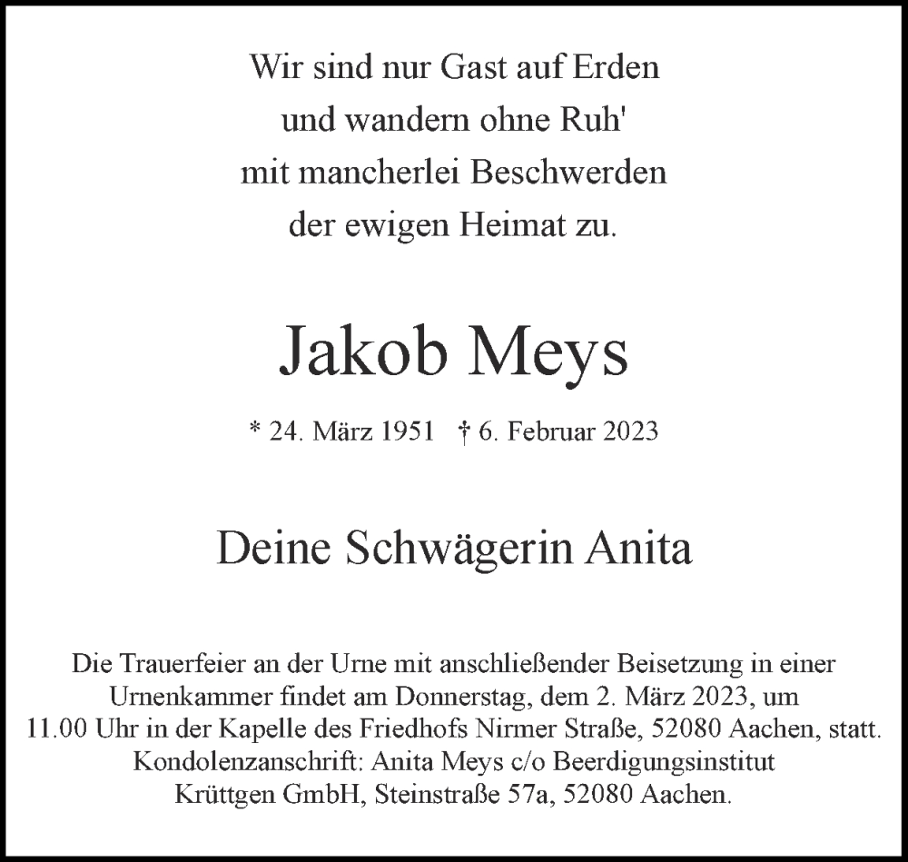  Traueranzeige für Jakob Meys vom 26.02.2023 aus Zeitung am Sonntag