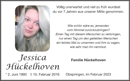 Traueranzeige von Jessica Hückelhoven von Zeitung am Sonntag