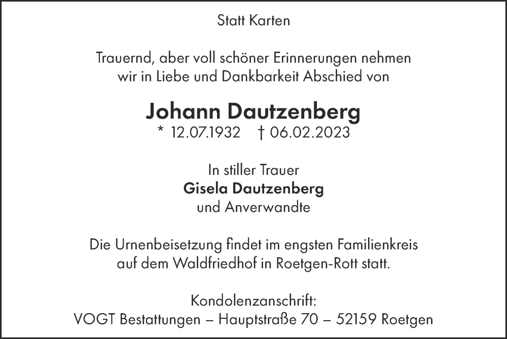  Traueranzeige für Johann Dautzenberg vom 12.02.2023 aus Zeitung am Sonntag