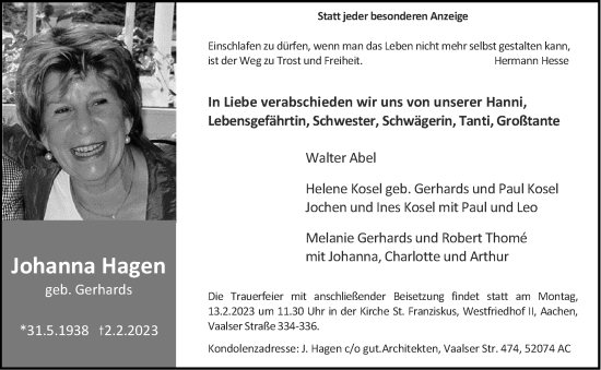 Traueranzeige von Johanna Hagen von Aachener Zeitung / Aachener Nachrichten