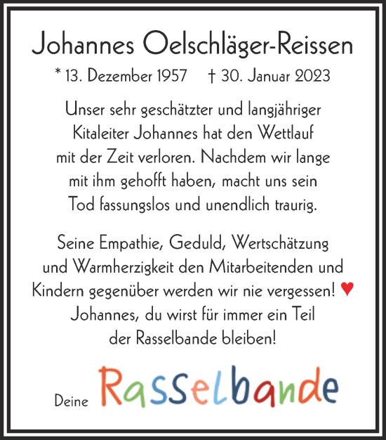 Traueranzeige von Johannes Oelschläger-Reissen von Zeitung am Sonntag
