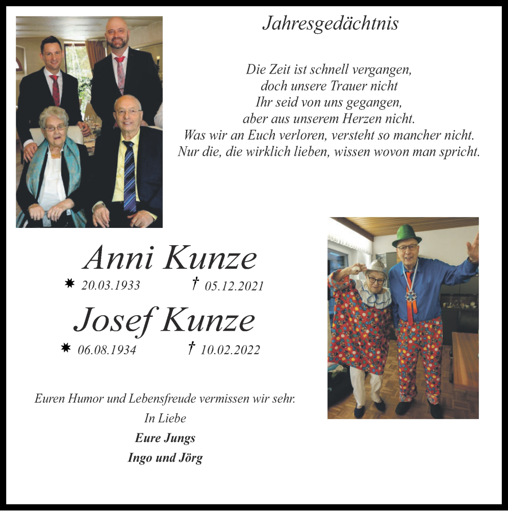  Traueranzeige für Josef Kunze vom 12.02.2023 aus Zeitung am Sonntag