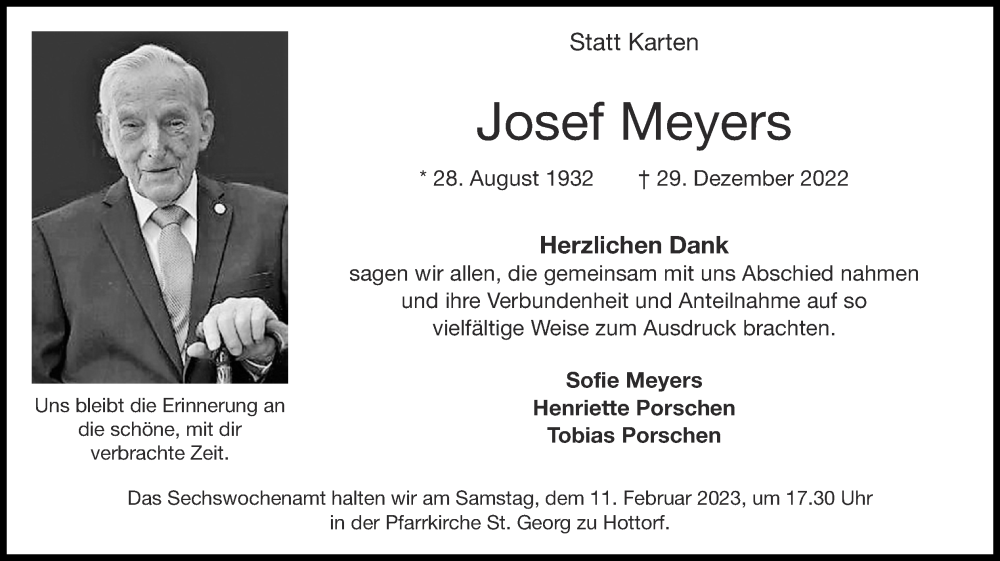  Traueranzeige für Josef Meyers vom 05.02.2023 aus Zeitung am Sonntag
