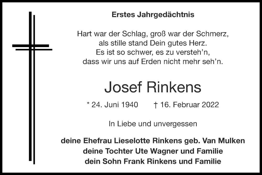  Traueranzeige für Josef Rinkens vom 12.02.2023 aus Zeitung am Sonntag