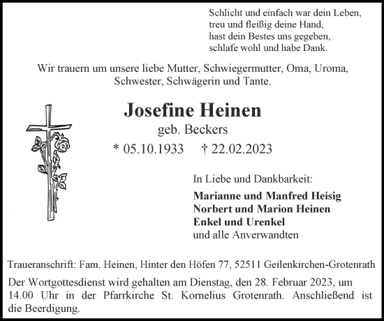 Traueranzeige von Josefine Heinen von Zeitung am Sonntag