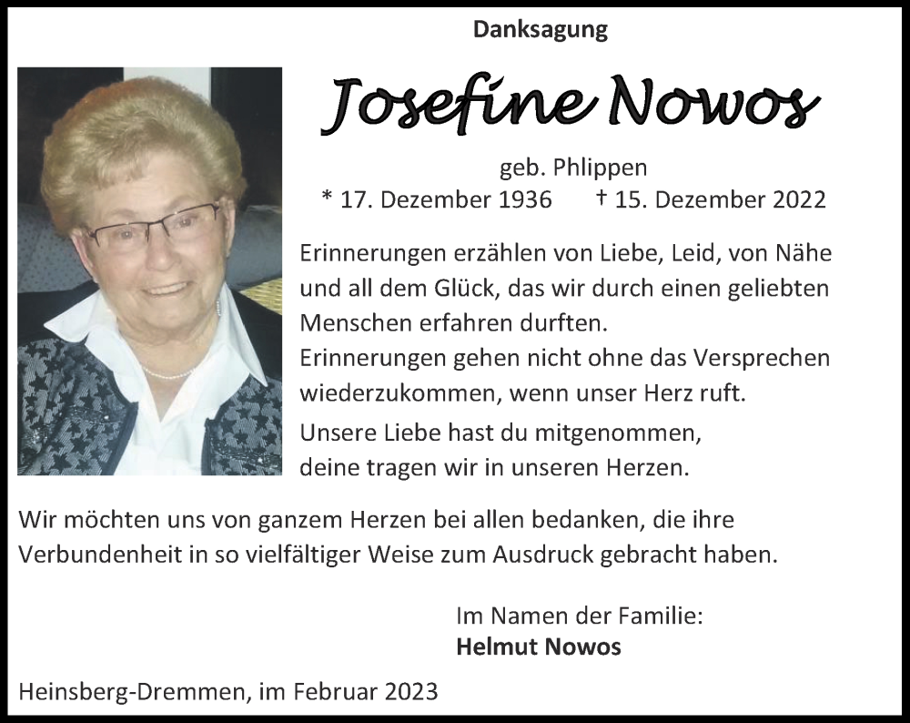 Traueranzeigen von Josefine Nowos | Aachen gedenkt