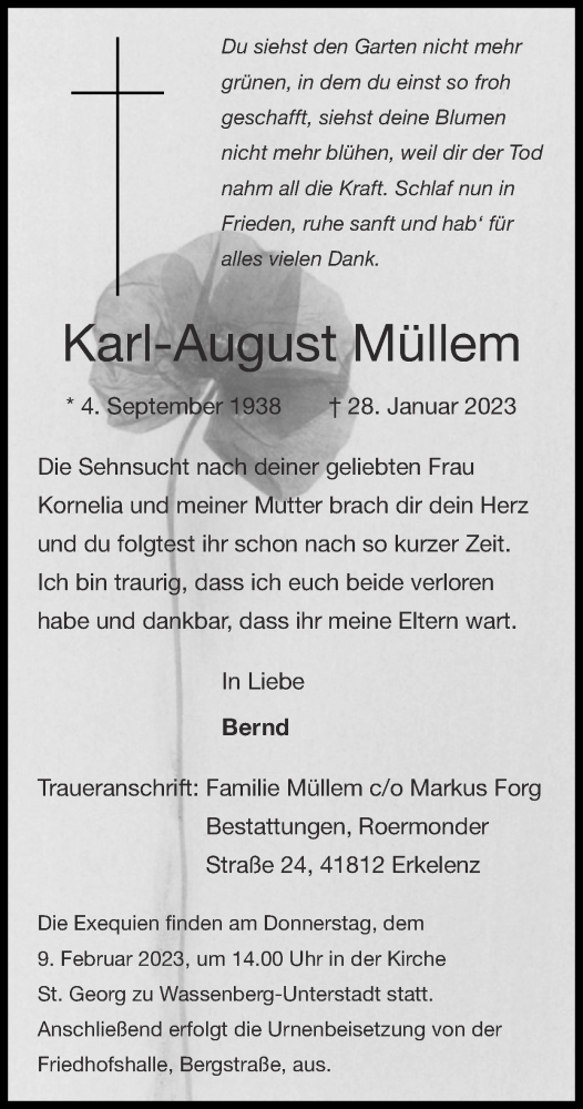 Traueranzeige von Karl-August Müllem von Zeitung am Sonntag