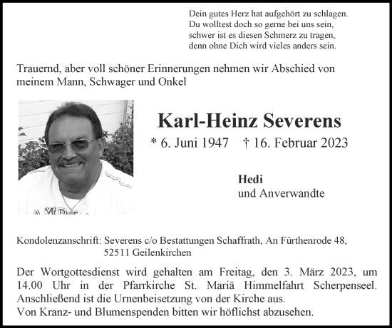 Traueranzeige von Karl-Heinz Severens von Zeitung am Sonntag