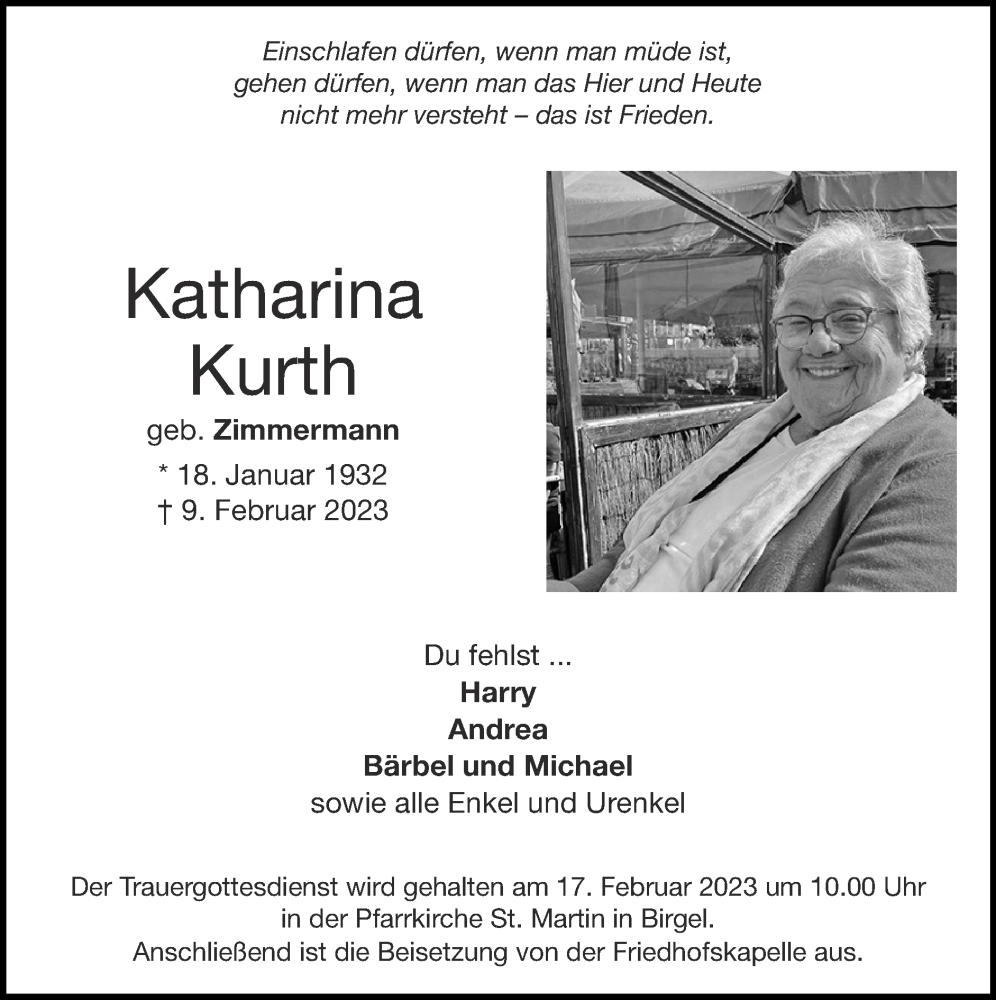  Traueranzeige für Katharina Kurth vom 12.02.2023 aus Zeitung am Sonntag