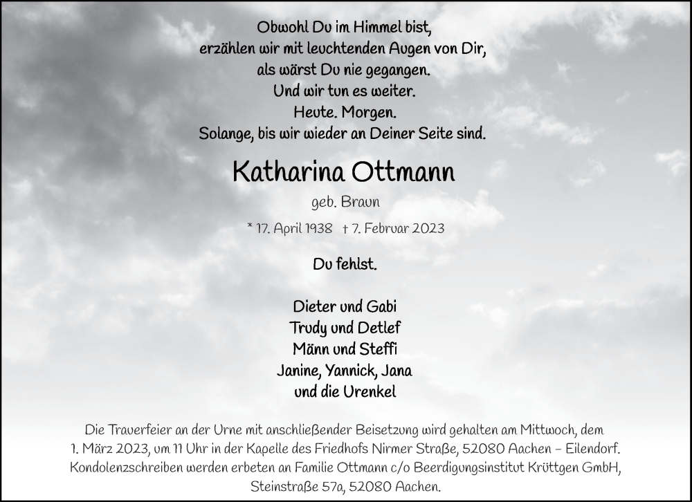  Traueranzeige für Katharina Ottmann vom 18.02.2023 aus Aachener Zeitung / Aachener Nachrichten