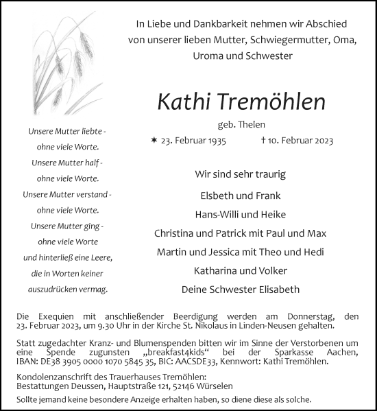 Traueranzeige von Kathi Tremöhlen von Aachener Zeitung / Aachener Nachrichten