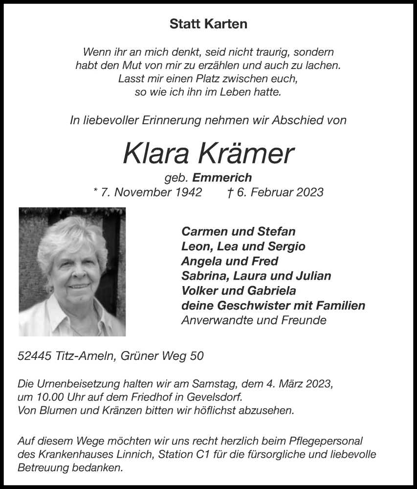  Traueranzeige für Klara Krämer vom 12.02.2023 aus Zeitung am Sonntag