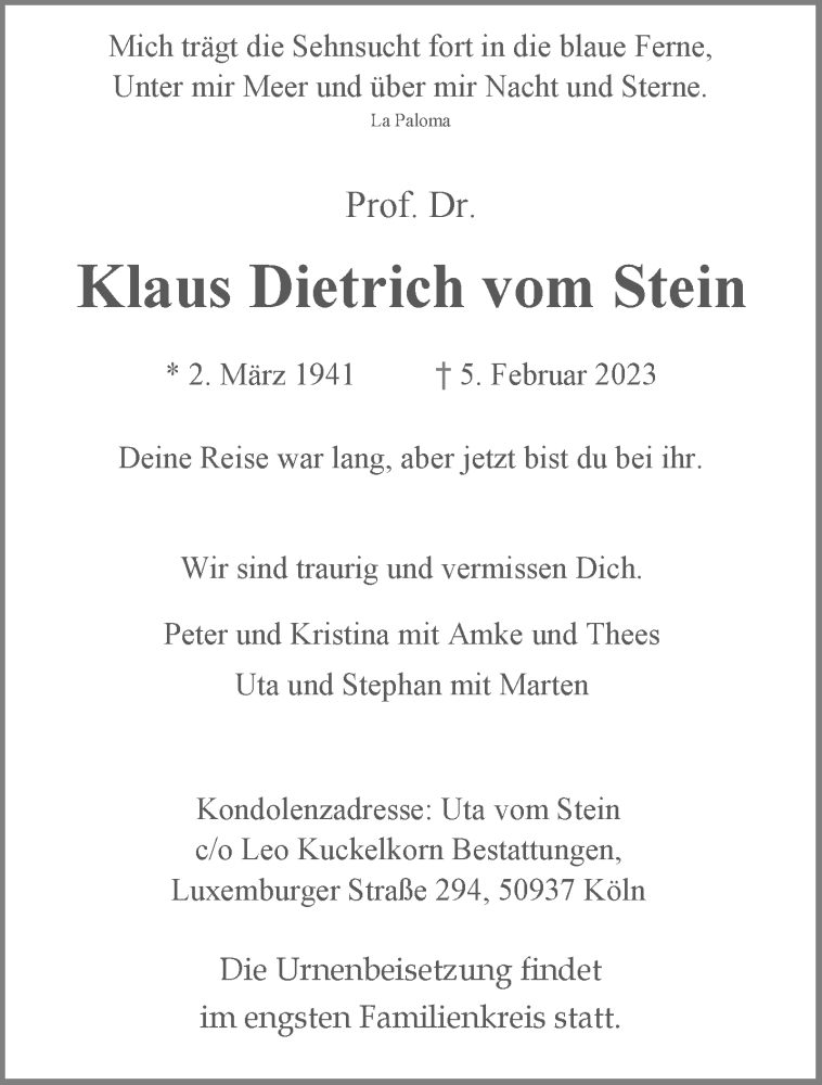  Traueranzeige für Klaus Dietrich vom Stein vom 25.02.2023 aus Aachener Zeitung / Aachener Nachrichten