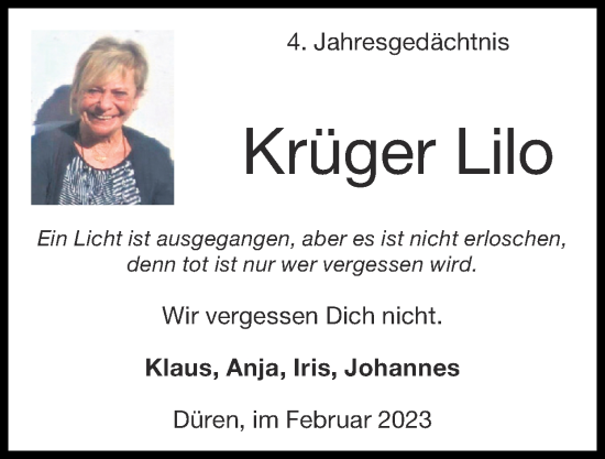 Traueranzeige von Krüger Lilo von Zeitung am Sonntag